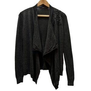 ANAGRAM 100% Wool Floral Embroidered Sequins Shoulder Draped Open Front Cardigan